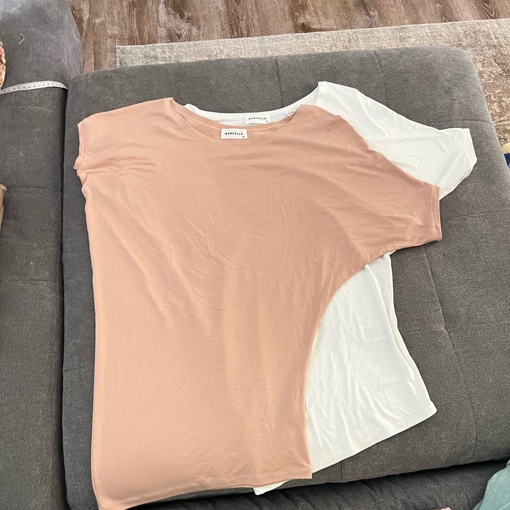 Marcella NYC Set Of 2 Shirts White & Tan Size XS Tencel